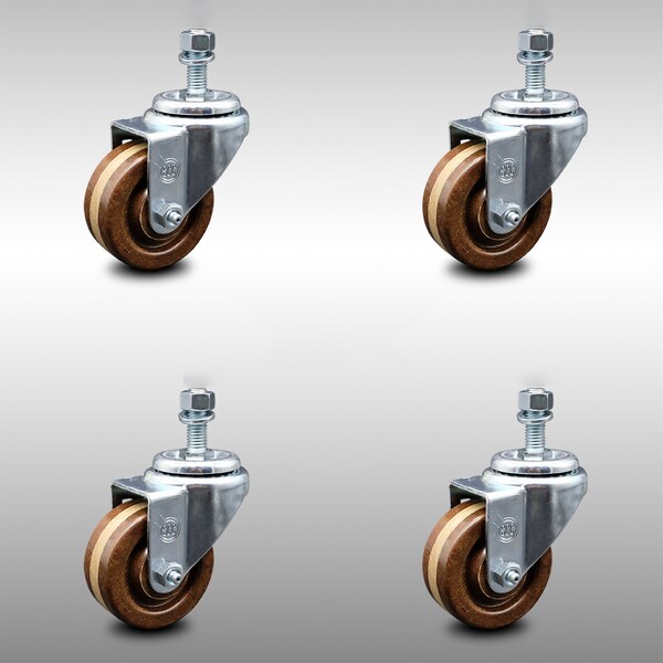 3 Inch SS High Temp Phenolic Wheel Swivel 1/2 Inch Threaded Stem Caster Set SCC